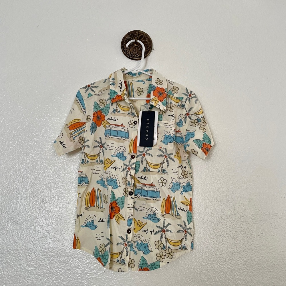 Chaser Kids Woven Surfs Up Shirt Cream Tropical Surf Van Button Down Size 6 NWT
